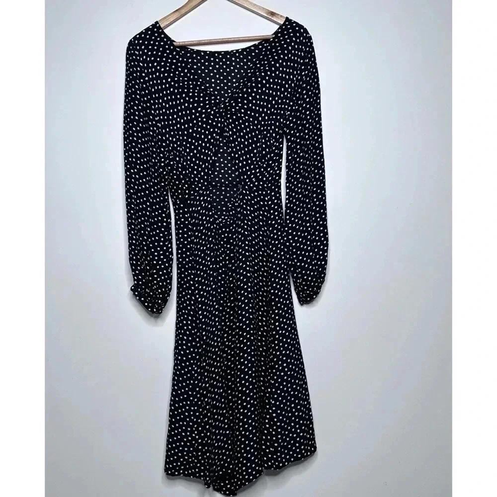 Anthropologie Black White Polka Dot Open Back Flowy Fit Flare Swing Dress